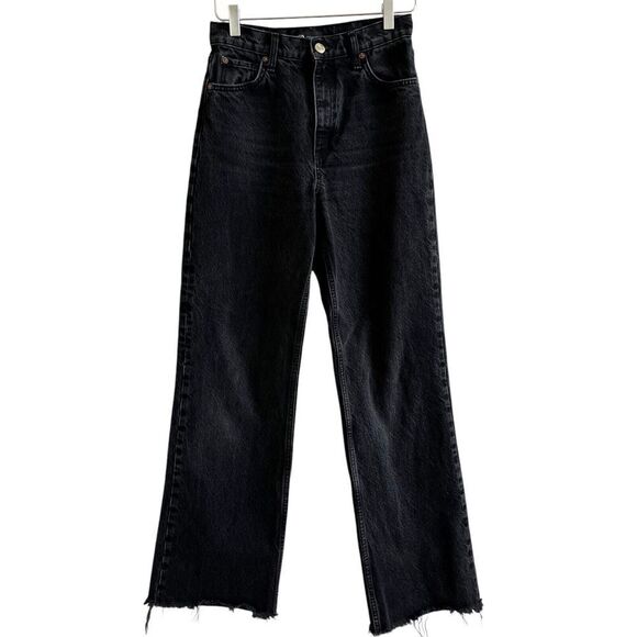 ZARA Wide Leg Raw Hem Jeans Sz 4 Black High Waist Relaxed 100% Cotton Classic - Picture 1 of 10